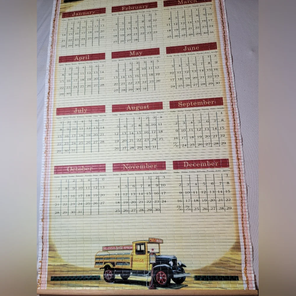 Coca Cola 2001 / 2002 Double Sided Bamboo Scroll Calendar W/ Box VINTAGE